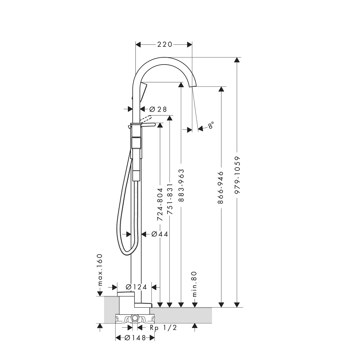AXOR One bateria wannowa wolnostojąca złoty połysk 48440990 schemat