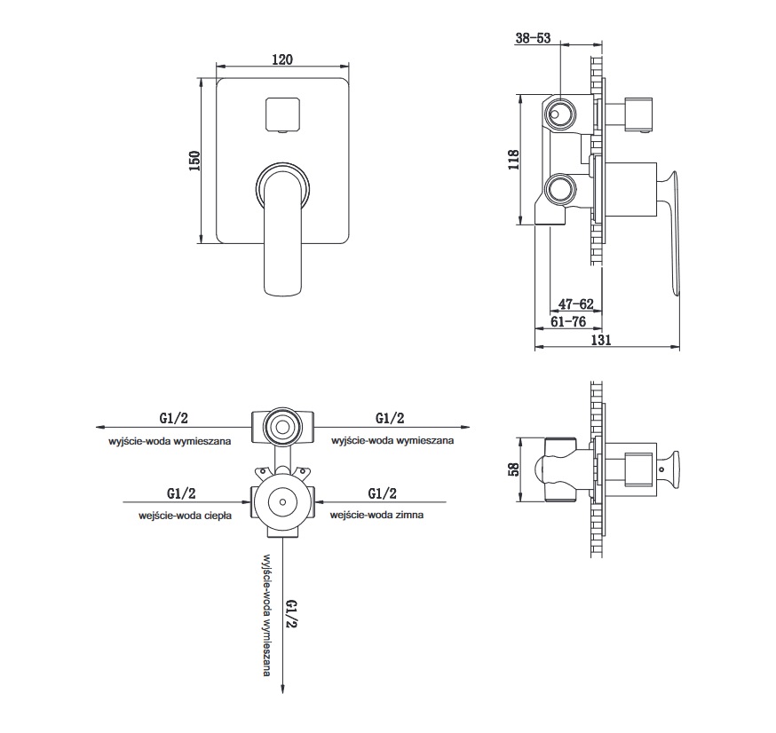 Kohlman podtynkowa bateria wannowa Experience Qw211EGD schemat