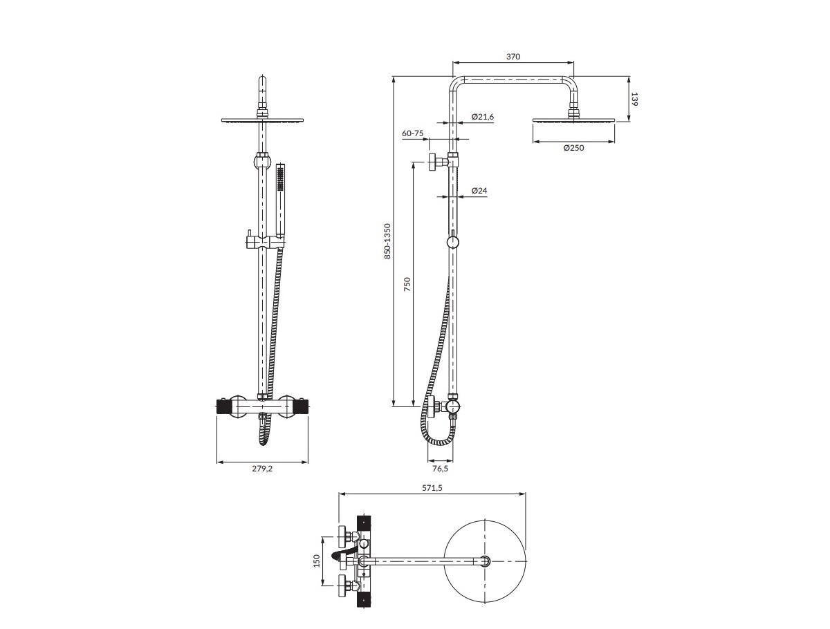 Omnires Contour termostatyczny system prysznicowy z deszczownicą 25 cm złoty szczotkowany CT8044GLB schemat